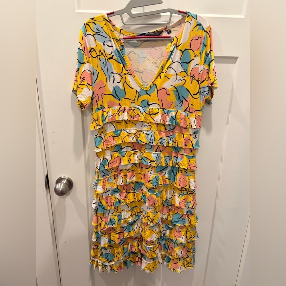 Colleen Lopez Small Yellow Abstract Floral Tiered Ruffle Dress